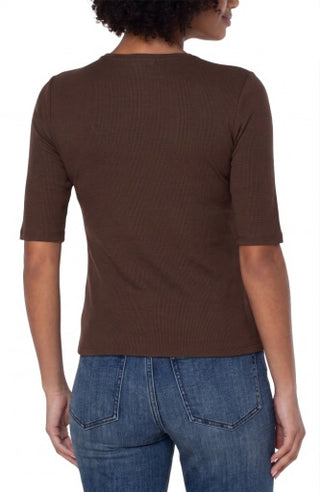 1/2 Sleeve V-Neck Double Layer Front Knit Top - Dark Espresso