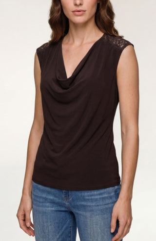 Draped Neck Sleeveless Knit Top with Lace - Java