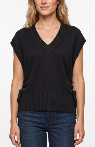 V-Neck Dolman Popover Sweater with Ties - Black