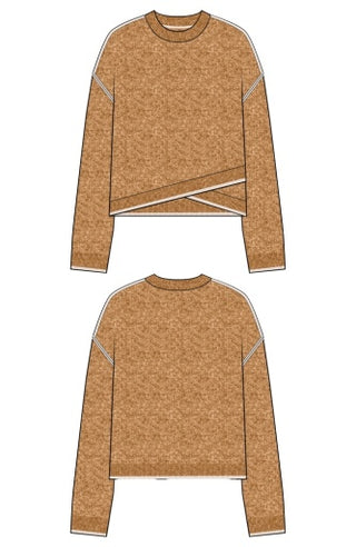 Long Sleeve Crewneck Sweater with Cream Tulip Hem - Heather Camel with Cream