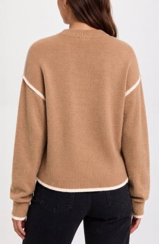 Long Sleeve Crewneck Sweater with Cream Tulip Hem - Heather Camel with Cream
