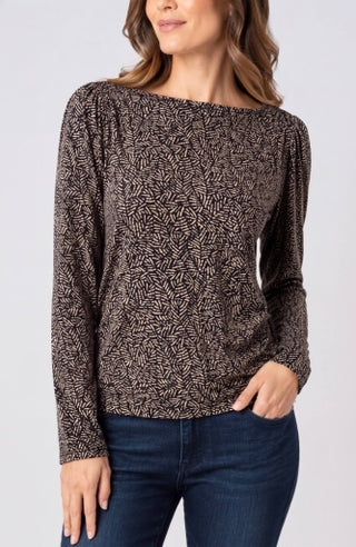 Long Sleeve Jewel Neck Knit Top with Shirring - Tan/black Multi