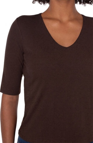 1/2 Sleeve V-Neck Double Layer Front Knit Top - Dark Espresso