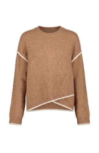 Long Sleeve Crewneck Sweater with Cream Tulip Hem - Heather Camel with Cream