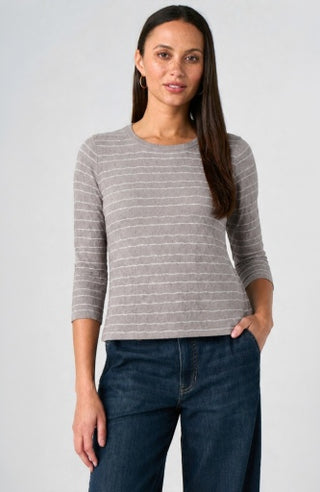 3/4 Sleeve Crew Neck Knit Top with Rib Trim - Grey Multi Stripe