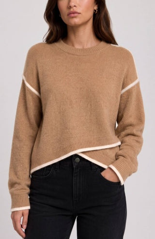 Long Sleeve Crewneck Sweater with Cream Tulip Hem - Heather Camel with Cream