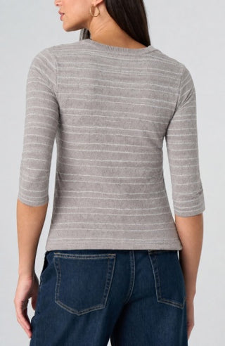 3/4 Sleeve Crew Neck Knit Top with Rib Trim - Grey Multi Stripe