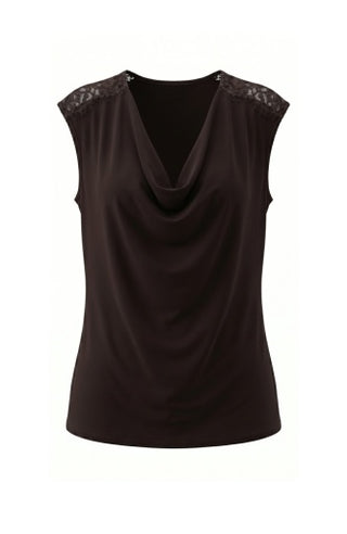 Draped Neck Sleeveless Knit Top with Lace - Java