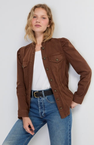 Puff Sleeve Trucker Jacket with Ruffle Collar - Carob Brown