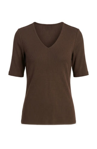1/2 Sleeve V-Neck Double Layer Front Knit Top - Dark Espresso