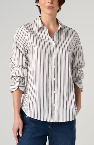 Adjustable Sleeve Button Front Woven Top - Cream with Dark Espresso