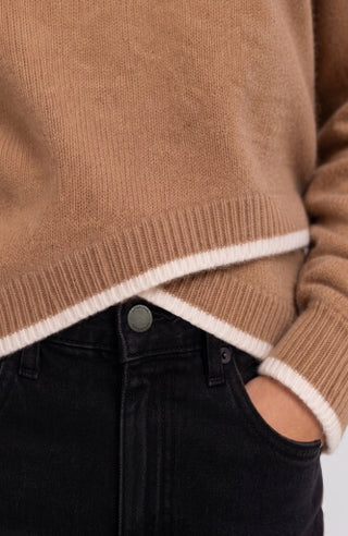Long Sleeve Crewneck Sweater with Cream Tulip Hem - Heather Camel with Cream