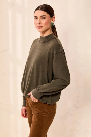 Tribal Bubble French Terry Crew Neck Long Sleeve Knit Top Cedar Green