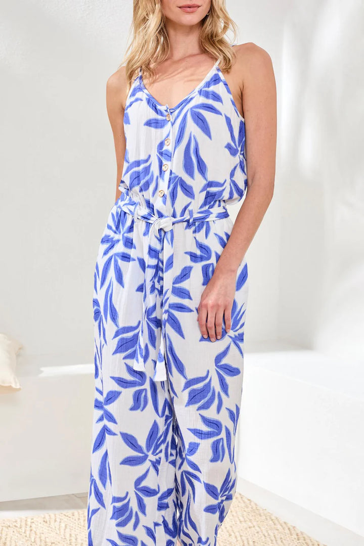 Tribal Button-Front Printed Gauze Jumpsuit With Sash Baja Blue