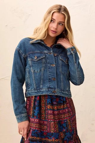 Tribal Casual Long Sleeve Waist Lenght Denim Jacket Fountain
