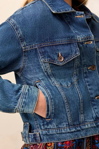 Tribal Casual Long Sleeve Waist Lenght Denim Jacket Fountain