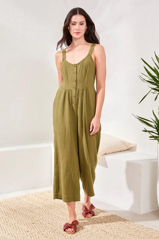 Tribal Crinkled Gauze Jumpsuit With Smocked Back - Rainforest