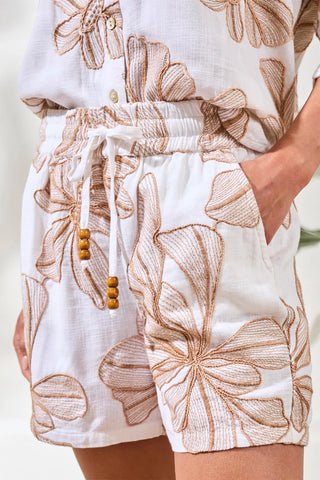 Tribal Crosshatch Embroidered Pull-On Shorts - White