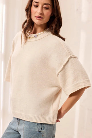 Tribal Lightweight Drop Shoulder Crew Neck Elbow Sleeve Sweater Cream