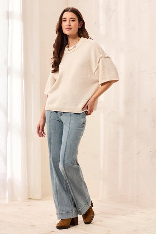 Tribal Lightweight Drop Shoulder Crew Neck Elbow Sleeve Sweater Cream