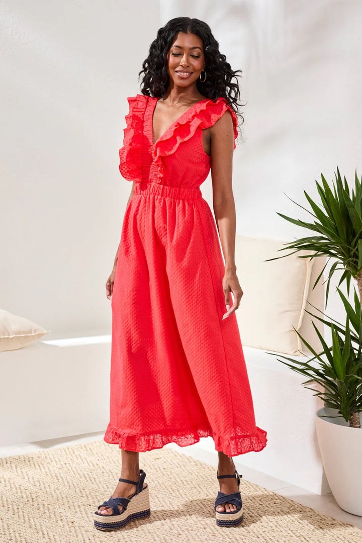 Tribal Embroidered Cotton Maxi Dress With Frills & Cutout Coral Red