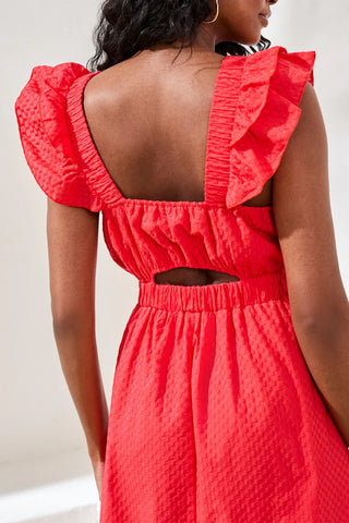 Tribal Embroidered Cotton Maxi Dress With Frills & Cutout Coral Red