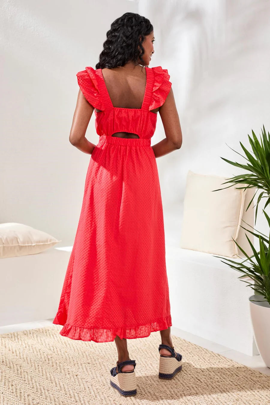 Tribal Embroidered Cotton Maxi Dress With Frills & Cutout Coral Red