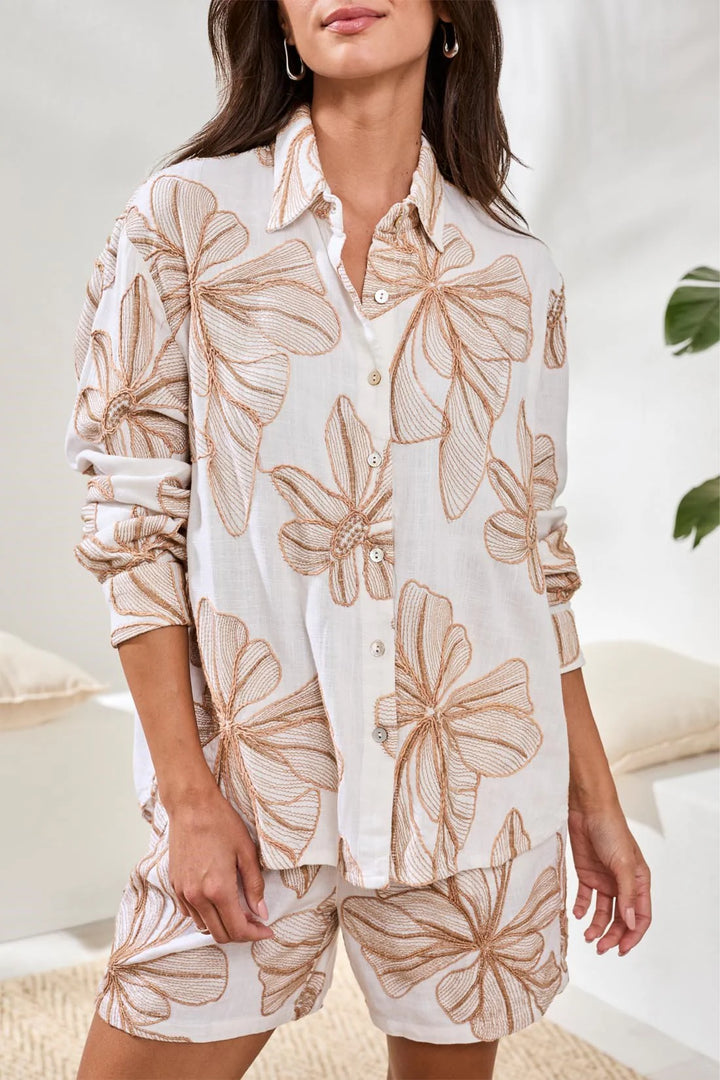 Tribal Embroidered Crosshatch Button-Front Blouse - White