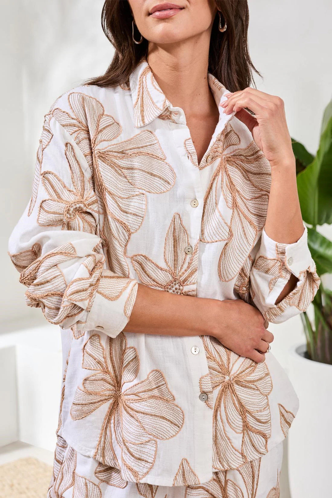Tribal Embroidered Crosshatch Button-Front Blouse - White