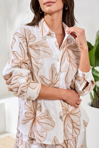 Tribal Embroidered Crosshatch Button-Front Blouse - White