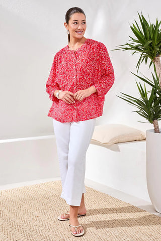 Tribal Flowy Dolman Sleeve Blouse With Self-Covering Buttons - Rouge