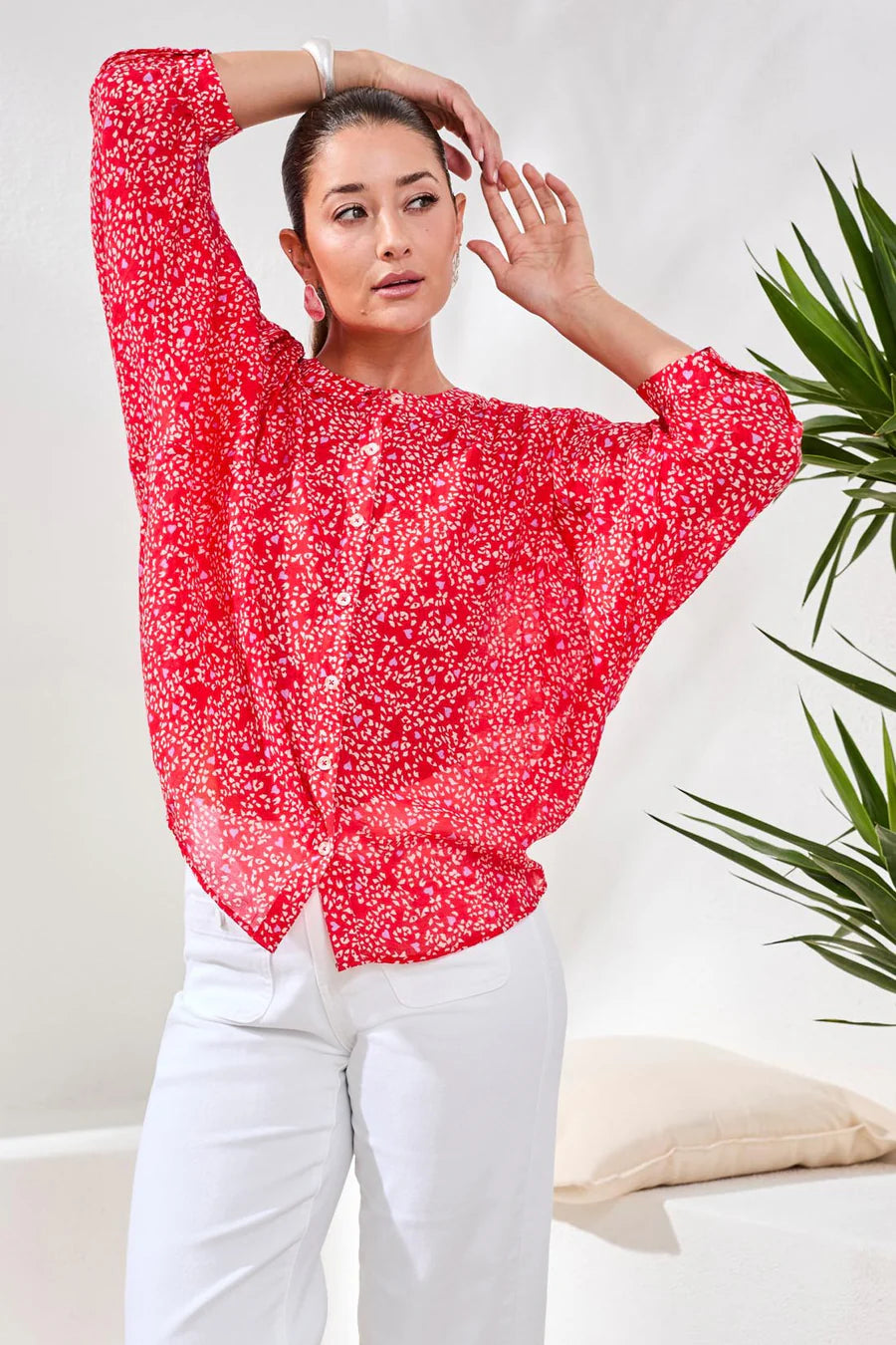 Tribal Flowy Dolman Sleeve Blouse With Self-Covering Buttons - Rouge