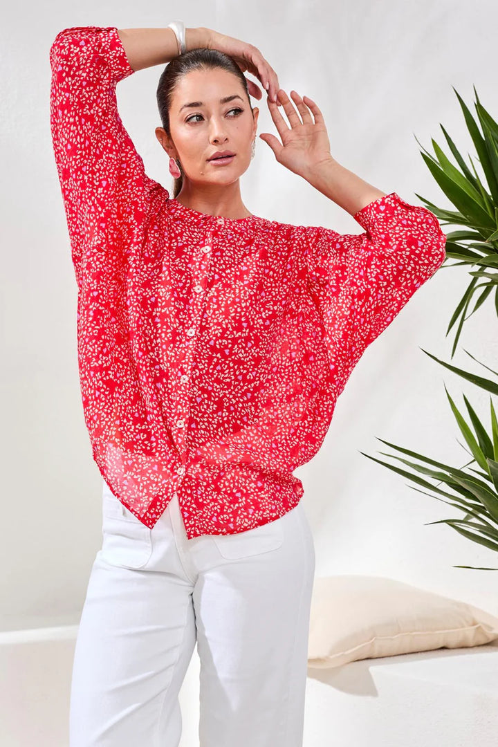 Tribal Flowy Dolman Sleeve Blouse With Self-Covering Buttons - Rouge