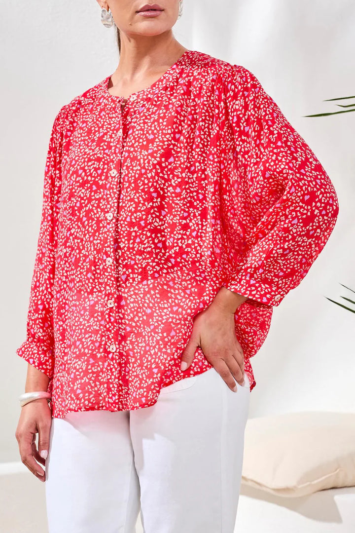 Tribal Flowy Dolman Sleeve Blouse With Self-Covering Buttons - Rouge
