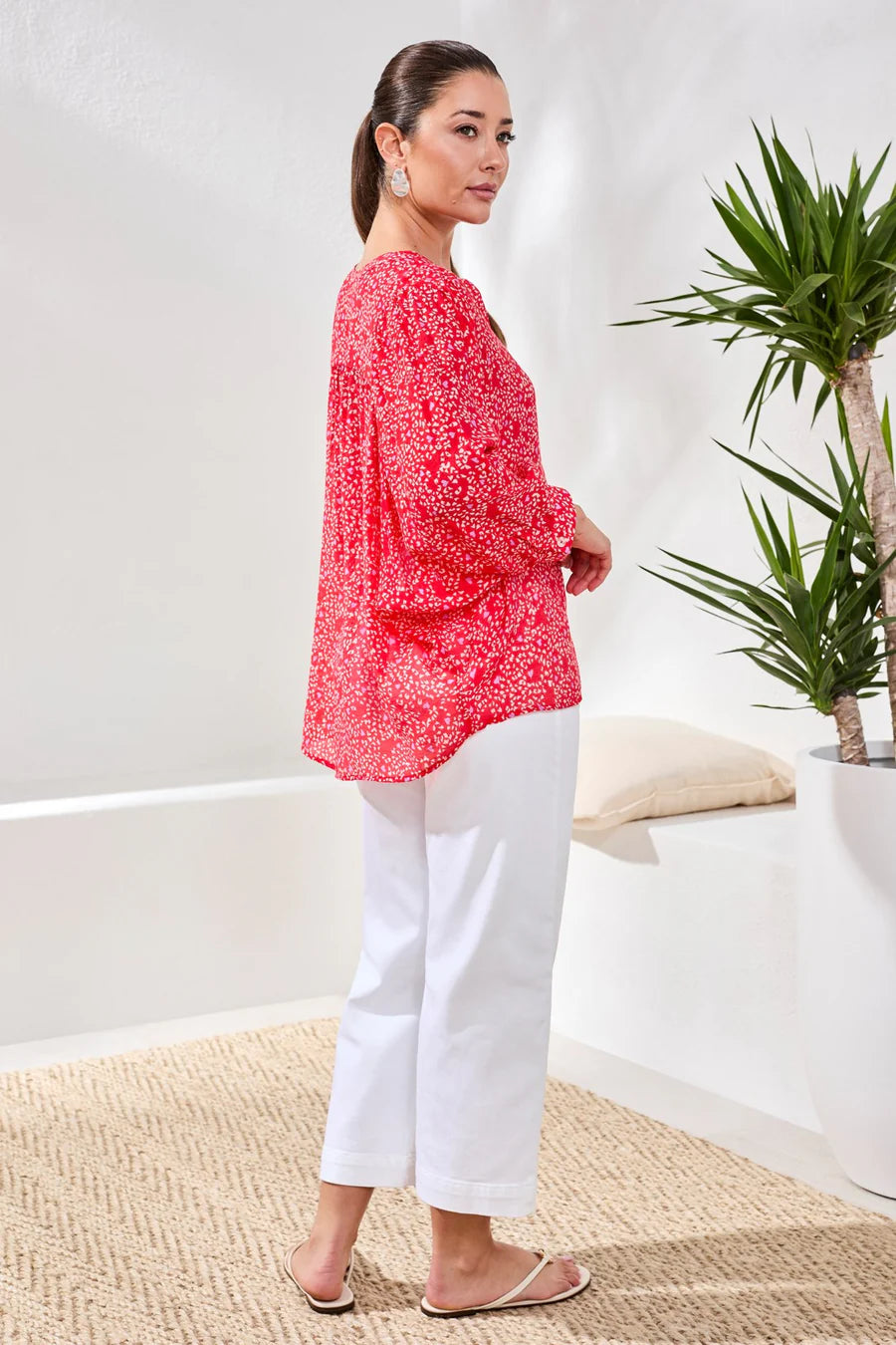 Tribal Flowy Dolman Sleeve Blouse With Self-Covering Buttons - Rouge