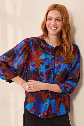 Tribal Flowy Dolman Sleeve Blouse With Self-Covering Buttons Sharp Blue