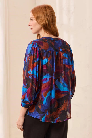 Tribal Flowy Dolman Sleeve Blouse With Self-Covering Buttons Sharp Blue