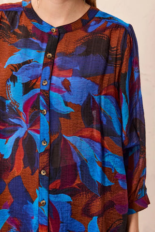 Tribal Flowy Dolman Sleeve Blouse With Self-Covering Buttons Sharp Blue