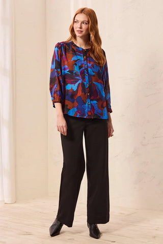 Tribal Flowy Dolman Sleeve Blouse With Self-Covering Buttons Sharp Blue