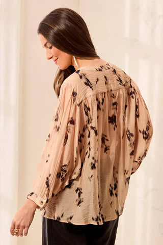 Tribal Flowy Dolman Sleeve Blouse With Self-Covering Buttons Suede