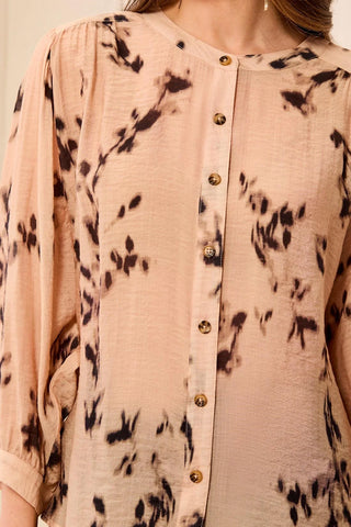 Tribal Flowy Dolman Sleeve Blouse With Self-Covering Buttons Suede