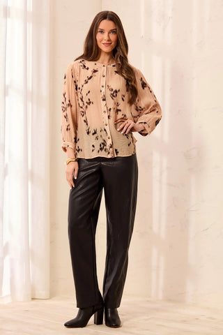 Tribal Flowy Dolman Sleeve Blouse With Self-Covering Buttons Suede