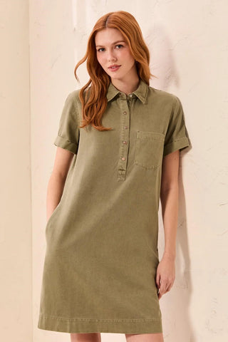 Tribal Pop Over Short Sleeve Collared Shirt Dress Olivestone