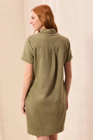 Tribal Pop Over Short Sleeve Collared Shirt Dress Olivestone