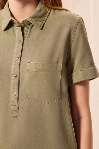 Tribal Pop Over Short Sleeve Collared Shirt Dress Olivestone