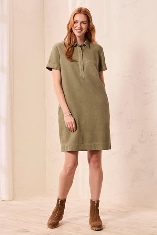 Tribal Pop Over Short Sleeve Collared Shirt Dress Olivestone