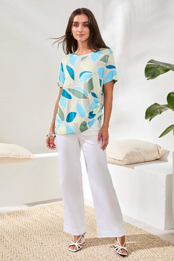 Tribal Printed Jersey Crew Neck Top With Side Ruching - Aqua Sky