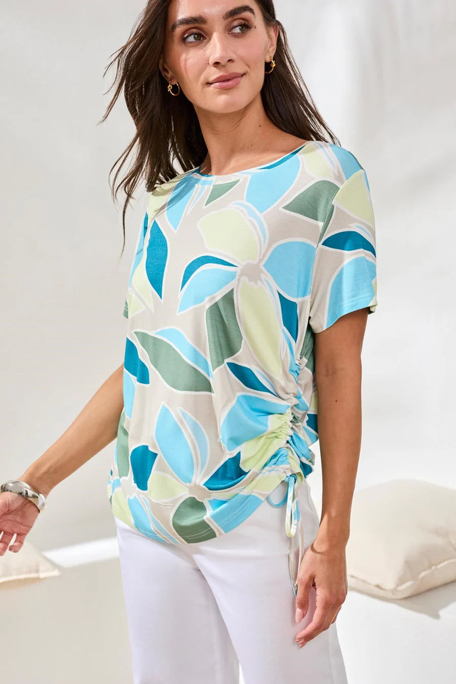Tribal Printed Jersey Crew Neck Top With Side Ruching - Aqua Sky