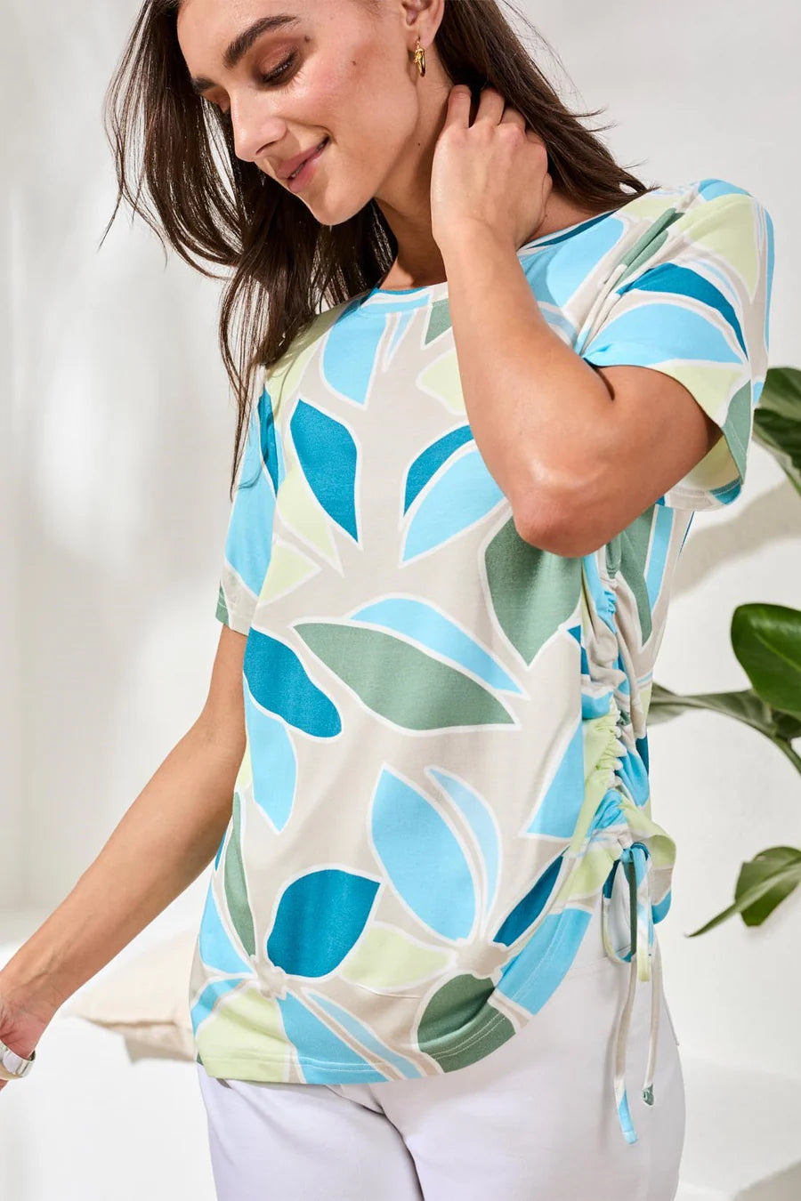 Tribal Printed Jersey Crew Neck Top With Side Ruching - Aqua Sky