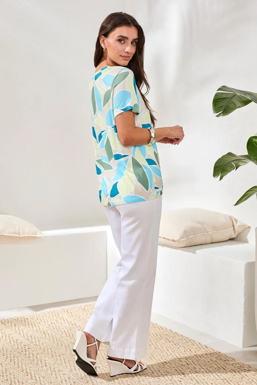 Tribal Printed Jersey Crew Neck Top With Side Ruching - Aqua Sky